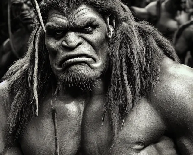 Image similar to hyper realistic group vintage photograph of a live action warcraft orc warrior tribe in the jungle, tall, hulk like physique, detailed faces, tribal paint, tribal armor, grain, old, monochrome, sepia toned, realistic lighting, wide angle