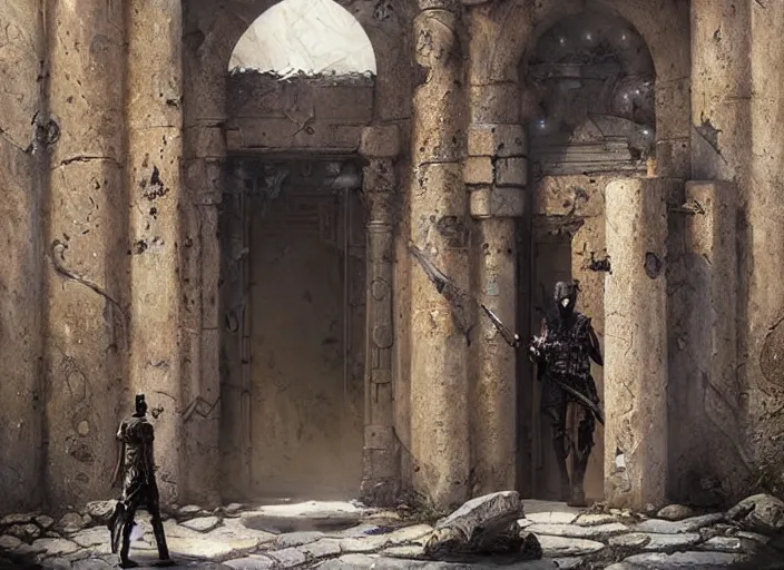 Prompt: surrealism grunge of an arab warrior infront of a dimentional gate . intricate artwork. Eerie ancient alien symbols carved into the walls, digital art,realistic,detailed,art by greg rutkowski