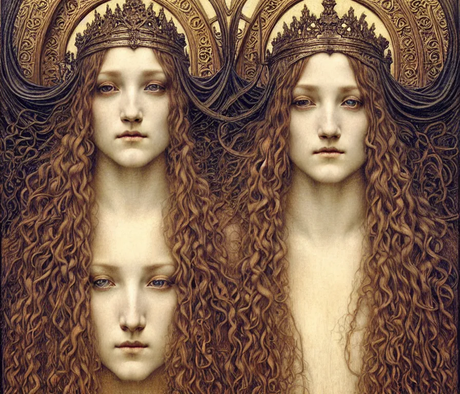 Image similar to detailed realistic beautiful young medieval queen face portrait by jean delville, gustave dore and marco mazzoni, art nouveau, symbolist, visionary, gothic, pre - raphaelite. horizontal symmetry