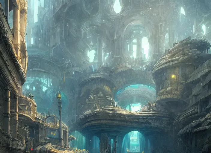 Prompt: City of Atlantis, underwater, a fantasy digital painting by Greg Rutkowski and James Gurney, trending on Artstation, highly detailed