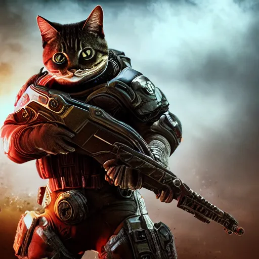 Image similar to lil bub the cat in Gears of War, splash art, movie still, cinematic lighting, dramatic, octane render, long lens, shallow depth of field, bokeh, anamorphic lens flare, 8k, hyper detailed, 35mm film grain