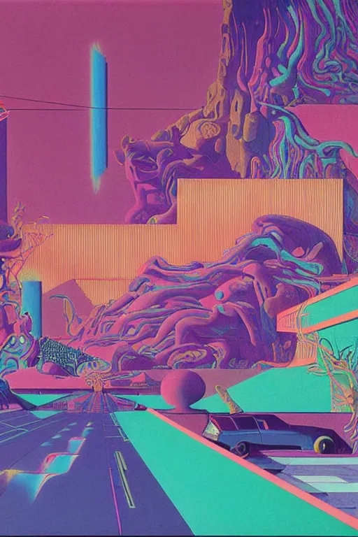 Prompt: 8 0 s art deco desert road swimmingpool, cinematic dramatic cyberpunk textural fluid lines purple, pink, blue, green. otherworldly vaporwave interesting details fantasy lut epic composition by basquiat zdzisław beksinski james jean artgerm rutkowski moebius francis bacon gustav klimt