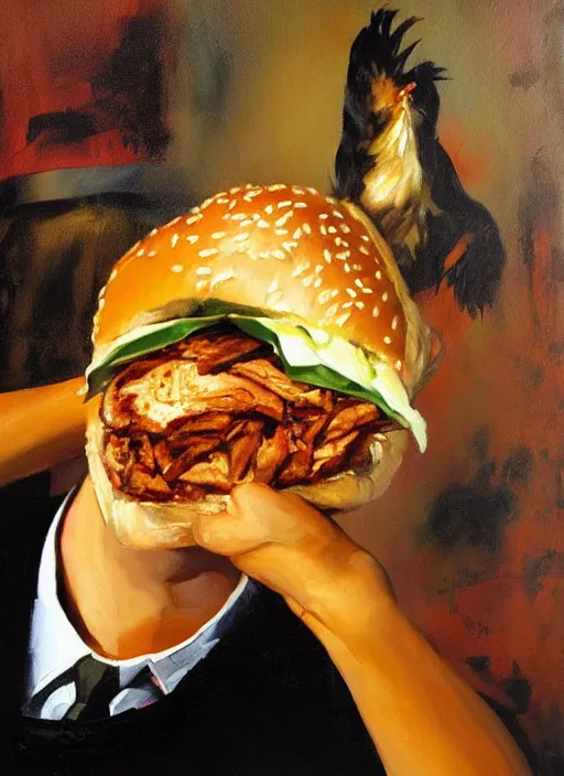 Prompt: jerma eating chicken sandwich, eyes watering painting by phil hale, fransico goya,'action lines '!!!, graphic style, visible brushstrokes, motion blur, blurry, visible paint texture, crisp hd image