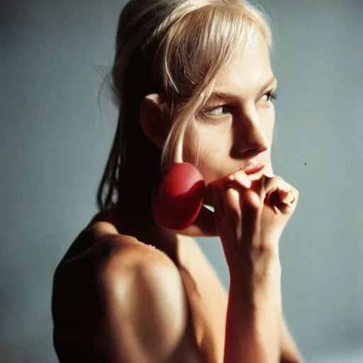 Image similar to realistic photoshoot for a new nike lookbook, color film photography, portrait of a beautiful blonde woman, in style of nan goldin, 35mm