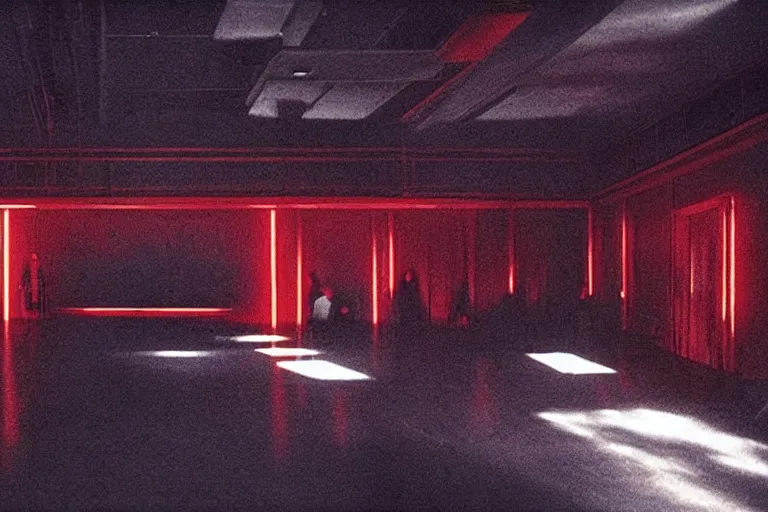 Prompt: a dark conference hall, half - occupied with people, atmospheric and obscure, red neon light, by roger deakins, cinematography, syd mead, dave mckean
