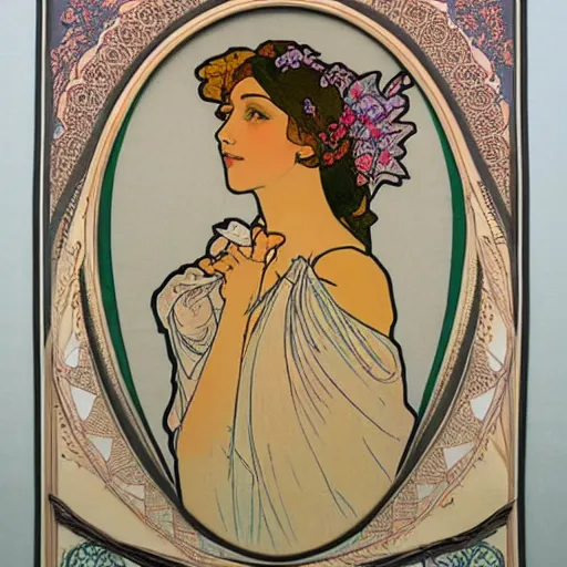 Prompt: a beautiful handmade embroidery of a woman in the style of alphonse mucha. hand embroidery.