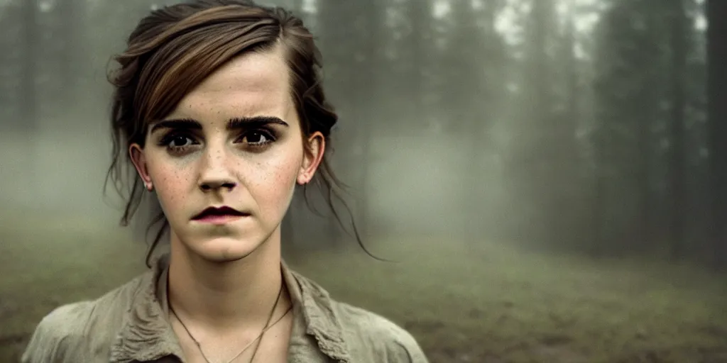 Image similar to portrait bust of emma watson, solemn expression, faded color film, russian cinema, tarkovsky, kodachrome, old cabin, next to window, heavy forest outside, long brown hair, old clothing, heavy fog, hudson river school, 4 k, dramatic lighting, greg rutkowski