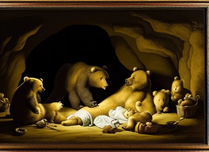 Image similar to Pieter Claesz's 'bear and her cubs sleeping in a dark cave lit by campfire', night time, cross hatching, framed