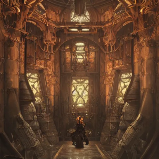 Image similar to ultra realistic illustration,, hell torture chamber interior from diablo and baldurs gate, intricate, elegant, highly detailed, digital painting, artstation, concept art, smooth, sharp focus, illustration, art by artgerm and greg rutkowski and alphonse mucha