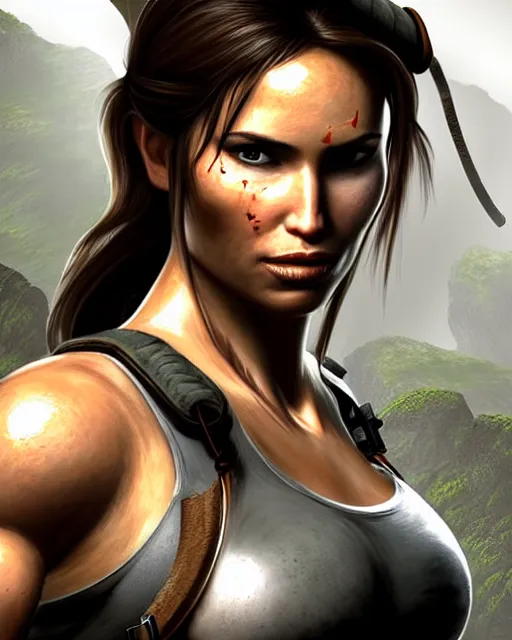 Image similar to portrait of lara croft, focus on her neck, looks thirsty, sweat and heat, muscular sweat