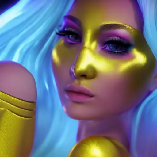 Image similar to still of pretty KDA More Lux (wild rift) close up in music video. 3d render, octane render, game art, realistic, highly detailed, trending on artstation, 4k, trending on artstation, pixar, cgsociety, unreal engine 5, redshift render, trending on artstation, blender, behance, cg