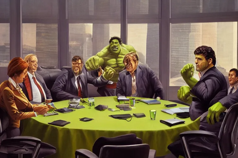 Image similar to the hulk wearing a business suit sitting at a table in a corporate board meeting, oil on canvas, intricate, full scene, 8 k highly professionally detailed, hdr, joe jusko