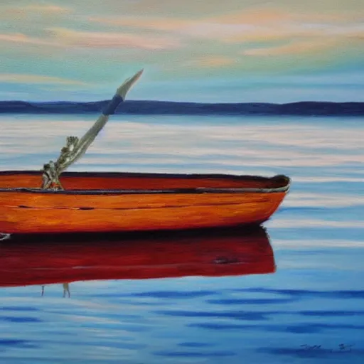 Image similar to highly detailed boat in a calm sea, sunset, 4k, oil painting