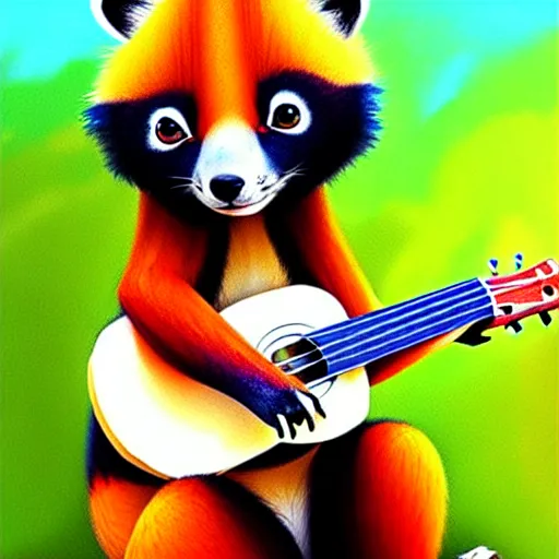 Image similar to cute fluffy Ailurus fulgens playing a ukulele, fully detailed, high quality , 4k , digital art, digital painting, soft light , masterpiece