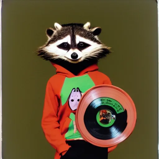 Image similar to close - up, photo of a anthropomorphic raccoon wearing a hoodie, holding a vinyl record, 8 0 - s fashion, colored, polaroid photo, by warhol,