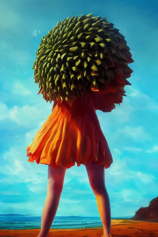 Image similar to closeup giant dahlia flower head, girl standing on beach, surreal photography, blue sky, sunrise, dramatic light, impressionist painting, digital painting, artstation, simon stalenhag