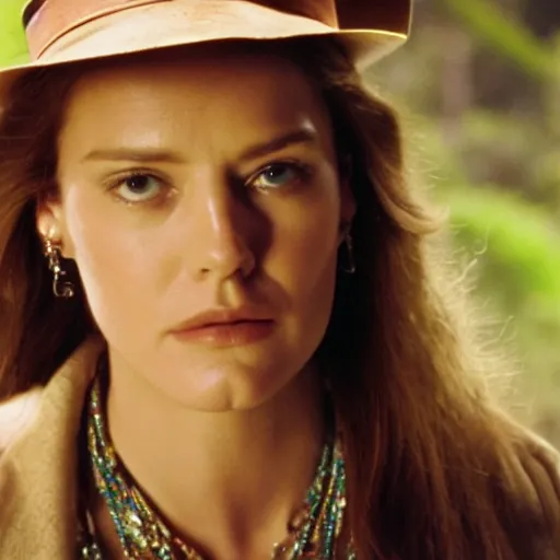 Prompt: a beautiful portrait from the film indiana jones and the fate of atlantis, of sophia hapgood wearing the nur ab sal necklace, dslr hyper focused