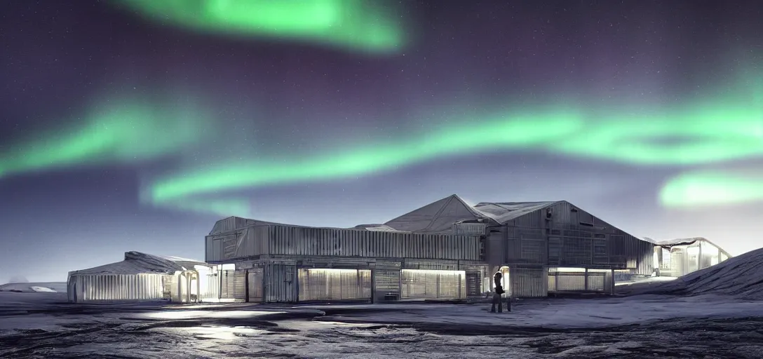 Prompt: modern research facility in the arctic at night, northern lights, aurora borealis, dramatic lighting, cinematic, establishing shot, extremely high detail, photo realistic, cinematic lighting, post processed, concept art, artstation, matte painting, style by eddie mendoza, raphael lacoste, alex ross