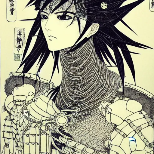 Prompt: prompt: one human Fragile looking character portrait face drawn by Takato Yamamoto, Human inside modernistic looking armor with wild hairstyle, inspired by Evangeleon, clean ink detailed line drawing, intricate detail, manga 1980, poster composition