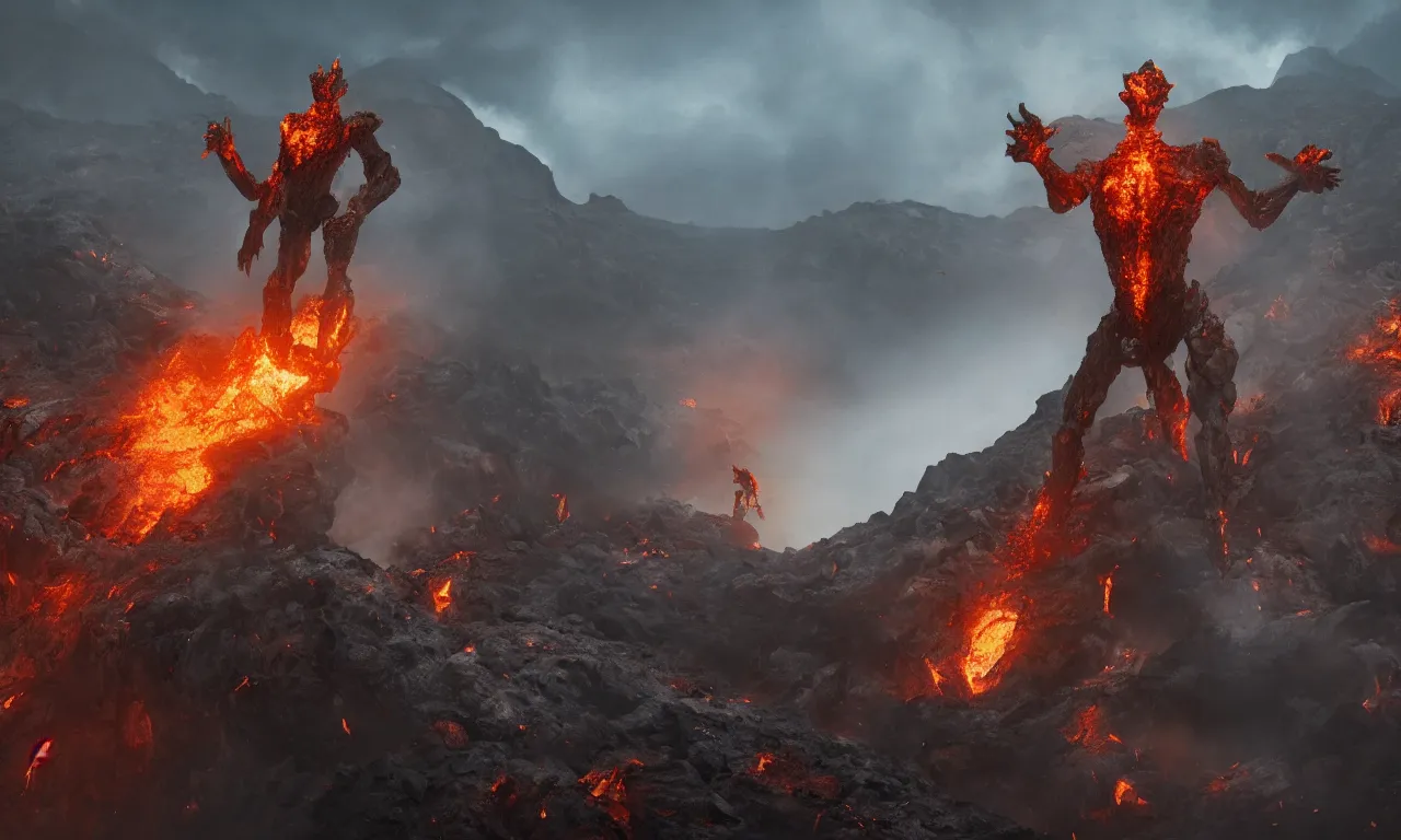 Image similar to a fire golem emerging from the crater of a volcano surrounded by the police and the army, dramatic effects, epic composition, large scale, octane render, digital art, sharp focus, 8k trending on artstation, action pose