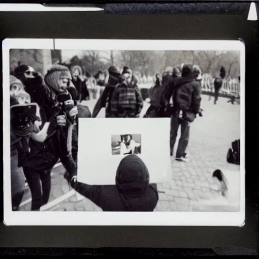 Prompt: a photograph of the moon being captured by a camera on a polaroid film, a group of people at a protest, polaroid,