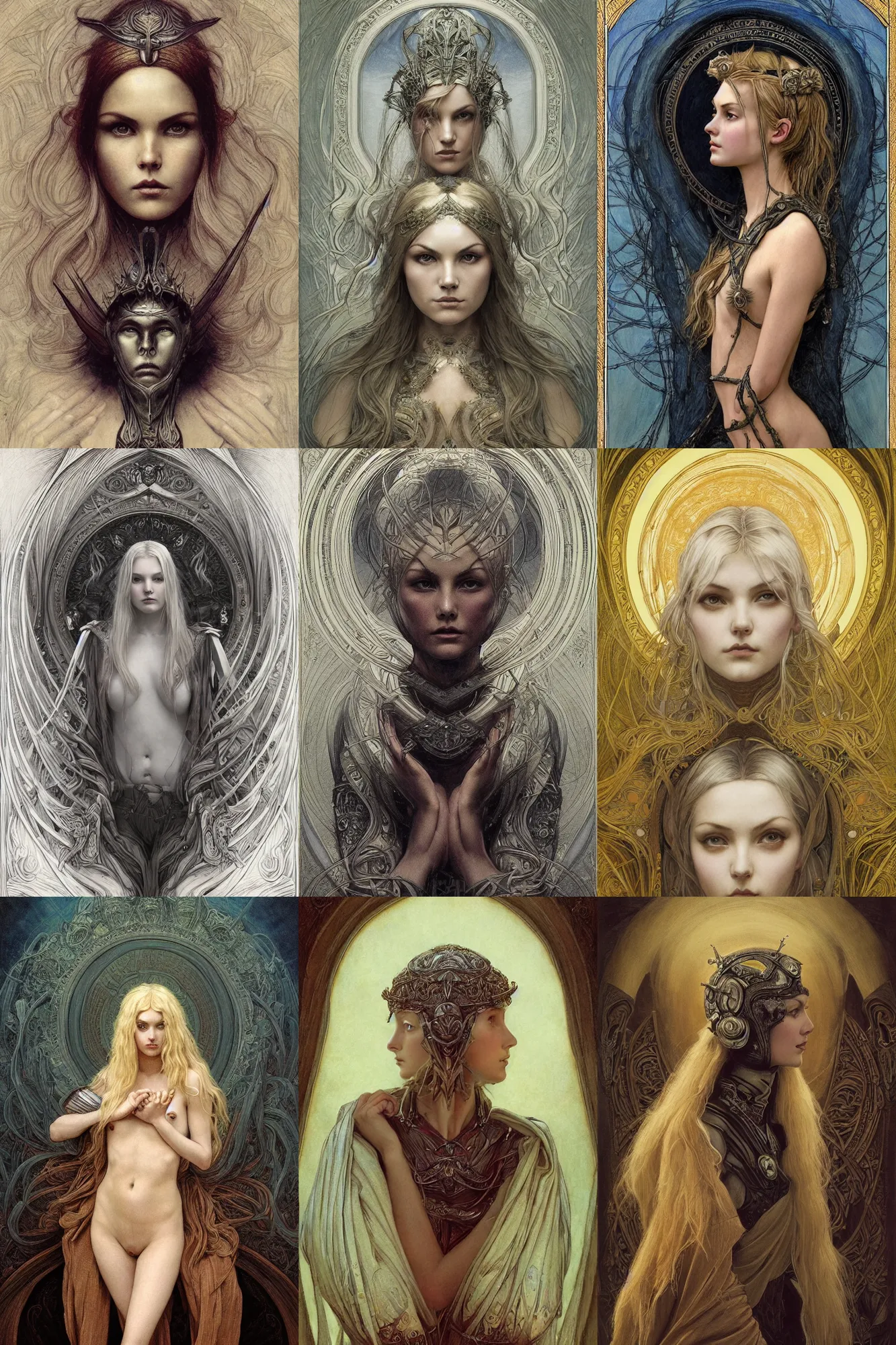 Prompt: masterpiece head-on symmetrical centered portrait, Elisha Cuthbert as a paladin, blonde hair, art nouveau, gothic, victorian, elegant, distant, Pre raphaelite art style, in the style of Edgar Maxence and Ross Tran and Zdzisław Beksiński and Michael Whelan and Gustave Doré and H.R. Giger and Franz Sedlacek and Mucha, specular highlights, 8k, octane render
