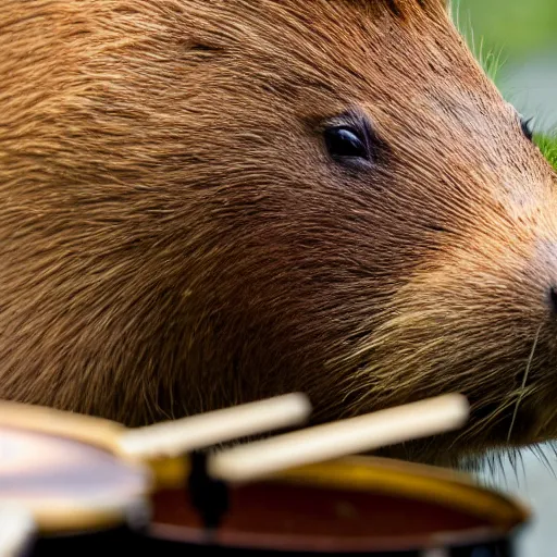 Prompt: high resolution photo of a capybara playing a jazz drum set