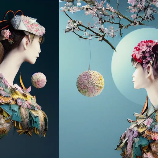 Image similar to 3 / 4 view of a beautiful girl wearing an origami dress, eye - level medium shot, fine floral ornaments in cloth and hair, hummingbirds, elegant, by eiko ishioka, givenchy, tsuguharu foujita, by peter mohrbacher, centered, fresh colors, origami, fashion, detailed illustration, vogue, japanese, reallusion character creator