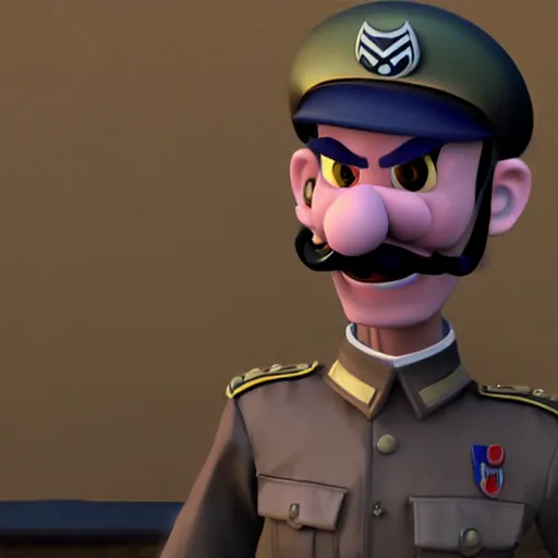 Image similar to waluigi as a nazi soldier during ww2, realistic, detailed, gloomy, elegant, unreal engine, intricate details, 4K