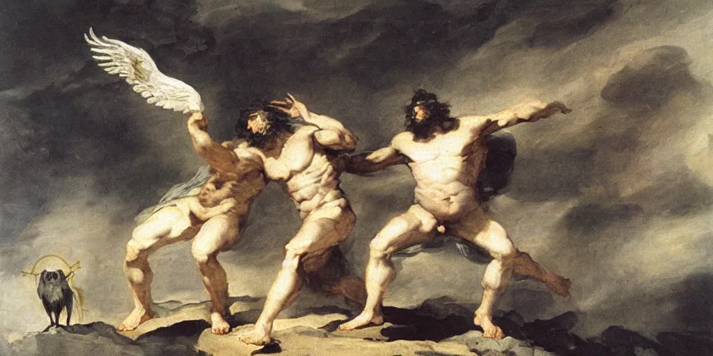 Image similar to zeus vs odin by francisco goya, detailed mythological painting, oil painting