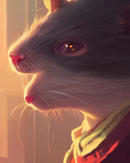 Image similar to highly detailed vfx portrait of a rat, unreal engine, greg rutkowski, loish, rhads, beeple, makoto shinkai and lois van baarle, ilya kuvshinov, rossdraws, tom bagshaw, alphonse mucha, global illumination, detailed and intricate environment