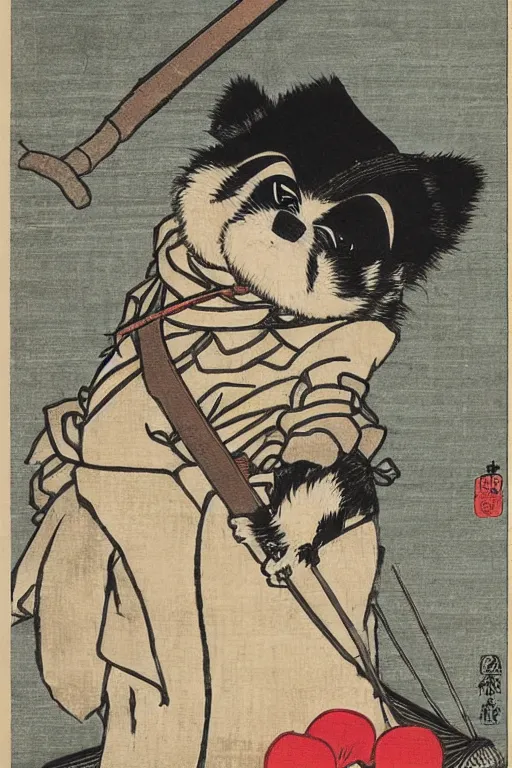 Prompt: Japanese woodblock print of Wicket the Ewok holding a samurai sword , cherry blossom, Hokusai