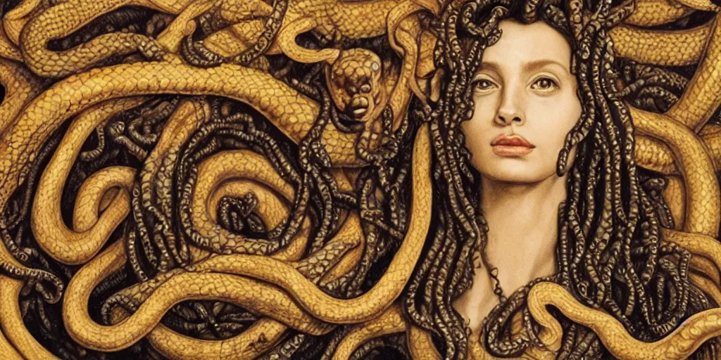 Prompt: realistic portrait of medusa with her snakes, golden, delicate, hyper realism, 1 4 5 0, ink, ultra realistic, 8 k