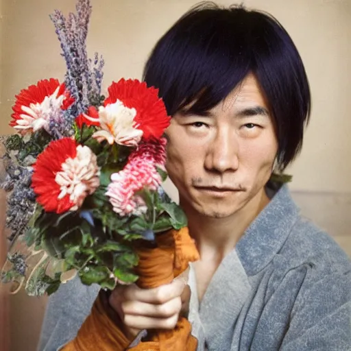 Image similar to muscular japanese man holding a sword in one hand and a bouquet of flowers in the other hand, strong but tender, vivid photography