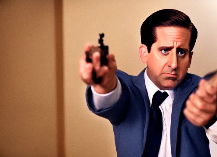 Image similar to film still of michael scott aiming a pistol, 8 k,