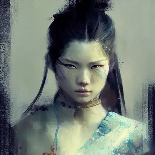 Prompt: samurai girl in the style of Raymond Swanland, Ruan Jia, cinematic