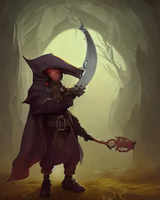 Image similar to male fantasy gnome spy, wearing a hooded cloak, playing a magical mandolin, shadowy figure by peter mohrbacher, artstation