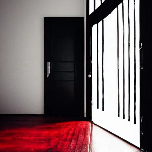 Prompt: an all black room with a glowing red door on the far side, surreal,