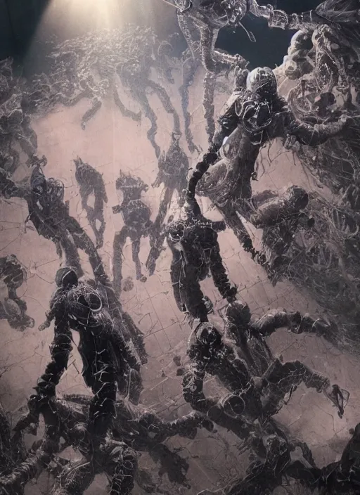 Image similar to astronauts in dark and empty void underwater - complex and hyperdetailed technical suit. reflection and dispersion materials. rays and dispersion of light. volumetric light. 5 0 mm, f / 3 2. noise film photo. flash photography. ultra realistic, wide angle. poster by wayne barlowe, hajime sorayama aaron horkey, craig mullins