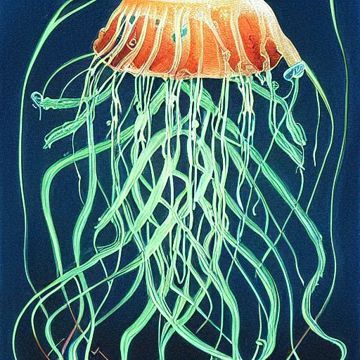 Image similar to a painting of a jellyfish in blue water, a digital painting by Earnst Haeckel, featured on deviantart, digital art, bioluminescence, luminescence, black background