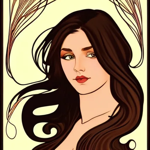 Image similar to curvy brunette woman with straight hair in a bob, romanian heritage, brown eyes, no bangs, digital art, cartoon, 8k, illustration, art nouveau, Alphonse Mucha, trending on artstation, medium shot, head shot