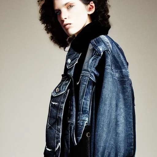 Image similar to realistic photo for a new sacai emil lookbook color film photography portrait of a beautiful woman model, model wears a black paneled denim jacket, photo in style of tyler mitchell