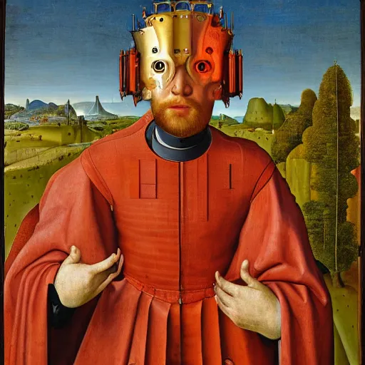 Image similar to a portrait of cyborg king connected to a man-machine interface by Jan van Eyck, renaissance style