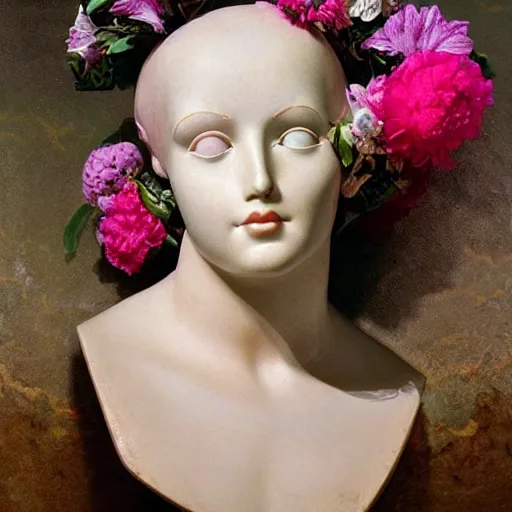 Prompt: award winning masterpiece with incredible details, a surreal gigantic marble bust vaporwave vaporwave vaporwave vaporwave vaporwave painting by Thomas Cole of an old pink mannequin head with flowers growing out, sinking underwater, highly detailed, reality is an illusion