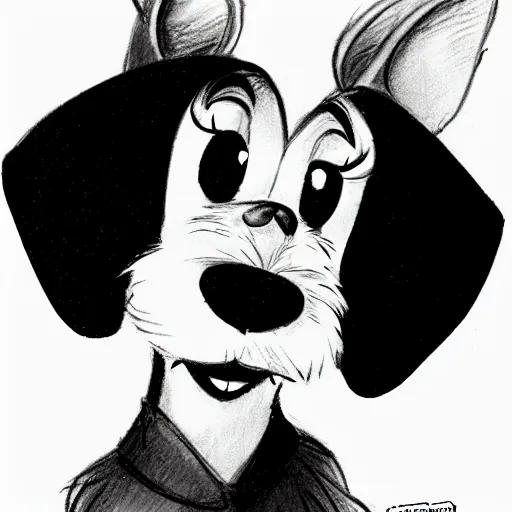 Image similar to milt kahl pencil sketch of happy mini schnauzer cartoon lady and the tramp style