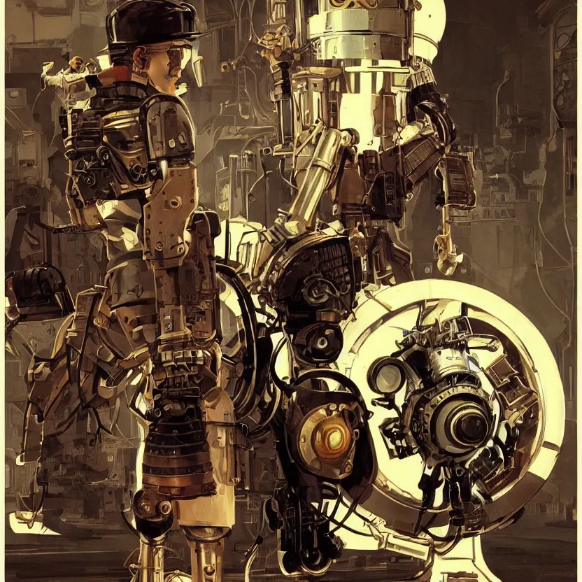 Image similar to steampunk robot boy with a retrofuturistic backpack by syd mead and norman rockwell. highly detailed digital art. retrofuturism. steampunk. beautiful lighting. trending on artstation.