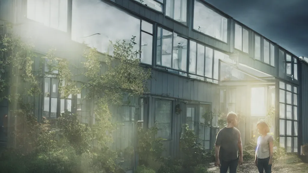 Image similar to a couple, green house, quiet street, reykjavik, sunset lighting, rim light, hyper realistic, cinematic frame