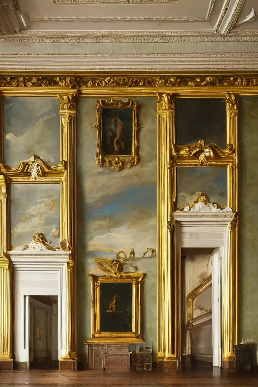 Prompt: long view, empty classical room with painting of melting abomination, in style of classicism