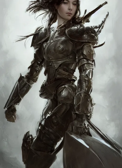 Image similar to a professional photographic portrait of a beautiful young girl, clothed in battle armor, exposed waist, olive skin, long dark hair, beautiful bone structure, symmetrical facial features, intricate, elegant, digital painting, concept art, smooth, sharp focus, illustration, beautifully framed, from Metal Gear, by Ruan Jia and Mandy Jurgens and Artgerm and William-Adolphe Bouguerea