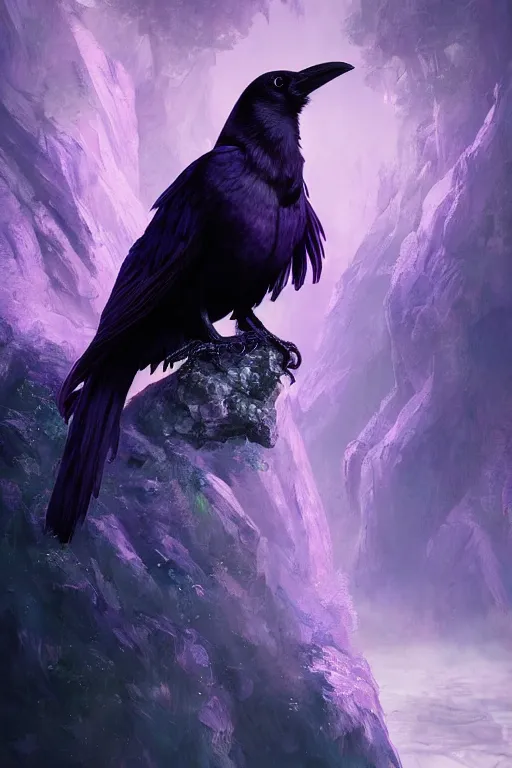 Image similar to portrait of a beautiful one raven perched on purple crystals that are glowing in a misty valley, establishing shot, extremly high detail, foto realistic, cinematic lighting, by yoshitaka amano, ruan jia, kentaro miura, artgerm, post processed, concept art, artstation, raphael lacoste, alex ross